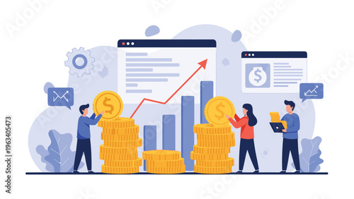 Financial team stacks gold dollar coins in front of growth charts and data windows to manage investments and build wealth online.