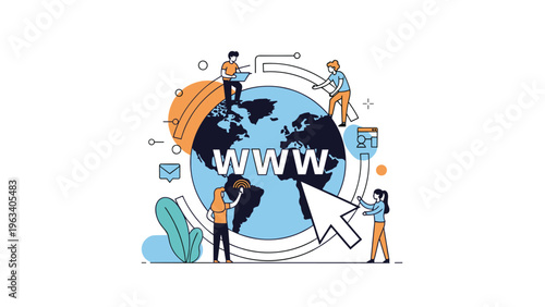 Global internet and world wide web connectivity concept with people browsing and interacting with a massive planet earth globe.
