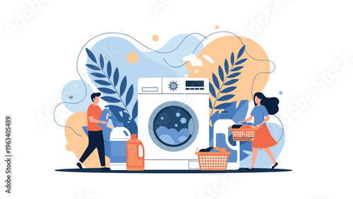 Domestic life scene showing a man and a woman busy doing laundry with a large front-load washing machine and cleaning supplies.