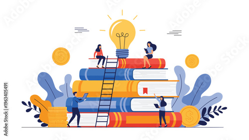 Education and wealth building concept with people climbing a large stack of books towards a glowing lightbulb idea and coins.