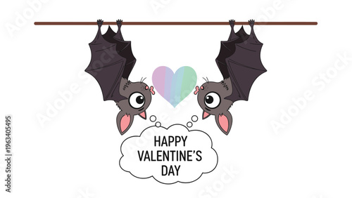 Two cute dark gray bats hanging upside down from a branch and thinking about a romantic Happy Valentine's Day message.