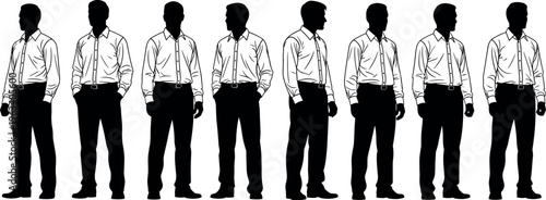 Set of Male Silhouettes Wearing Formal White Shirts and Black Trousers in Various Standing Poses Isolated on White Background Vector