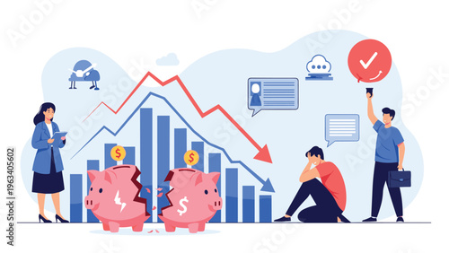 Distressed people facing financial crisis with broken piggy banks and falling economic stock market graph arrows.