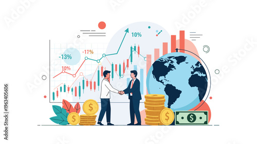 Corporate partnership agreement with two businessmen shaking hands against a background of global stock market indicators.
