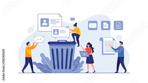 Data management team throwing digital documents and user profile files into a large trash can for privacy and security.