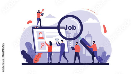 Job search concept with candidates and recruiters using a giant magnifying glass to find the best talent on a computer screen.