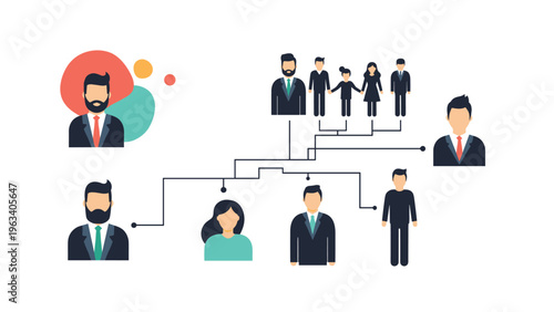 Schematic organizational chart showing the connections between different people icons in a corporate hierarchy structure.
