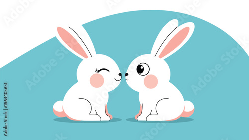 Two adorable white bunnies sitting and facing each other on a soft blue and white stylized background.