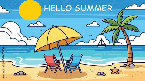 Hello Summer Beach Scene with Umbrella and Lounge Chairs Vector Illustration