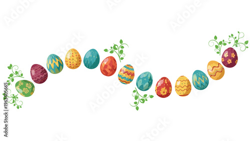 Festive easter egg garland with diverse colorful patterns and green vines on a clean white background.