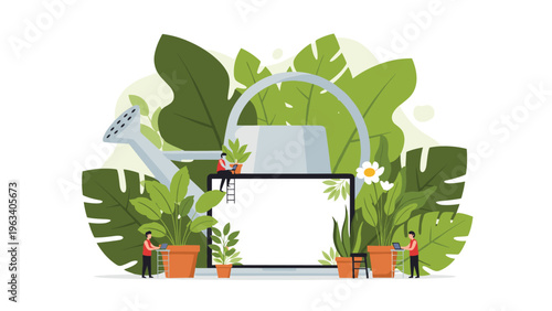 Tiny gardeners caring for potted plants around a laptop with a blank white screen representing growth and digital nature.