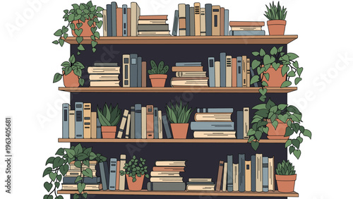 Cozy home library scene featuring a dark bookshelf filled with many books and several lush green potted plants.