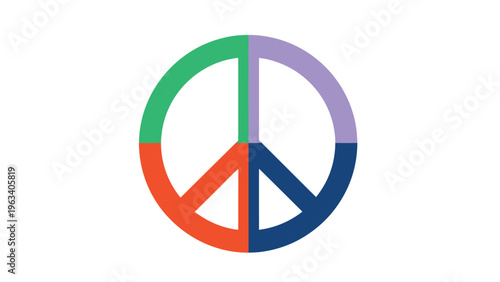 Classic peace symbol divided into four colorful sections of green purple red and blue representing global harmony and unity.