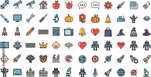 Colorful Icon Set Featuring Technology, Robots, Toys, Household Items, and More for Websites, Apps, and Digital Media
