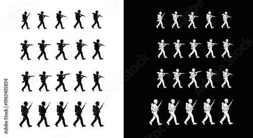 Set of Military Soldier Silhouettes Walking in Formation