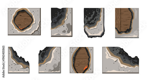 Eight distinct square illustrations depict various stages of fire damage on walls, revealing charred areas, grey plaster, and burnt wooden structures.