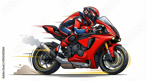 Side view of a red super sport motorcycle with a racer in matching full racing suit