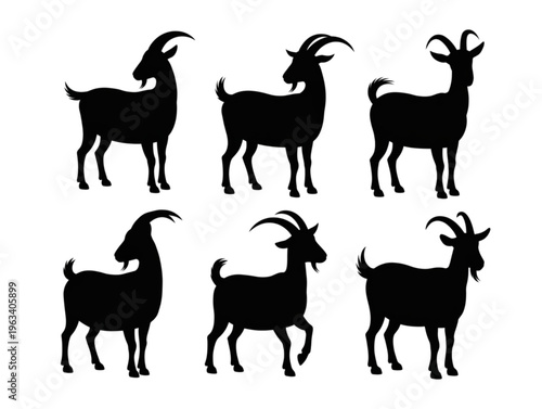 Goat silhouette collection with different poses, horned livestock icons set for farm and agriculture design