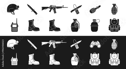 Military Equipment and Army Gear Icons Set