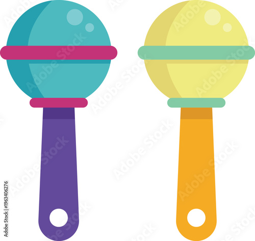 Colorful baby rattle toy illustration in a clean minimal style, representing infant play, childcare, and early childhood development.