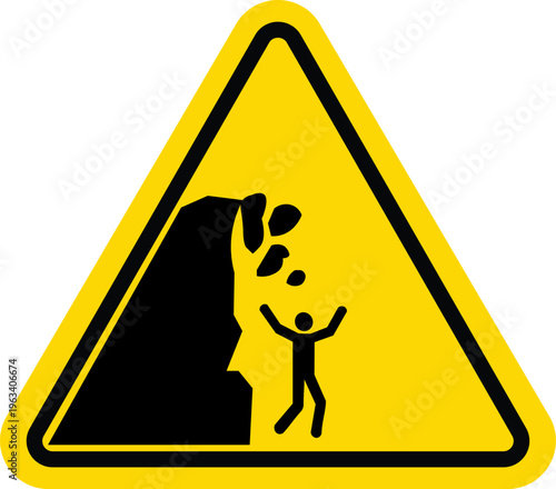 warning sign for unstable cliff hazard with falling rocks and person in danger yellow triangle icon