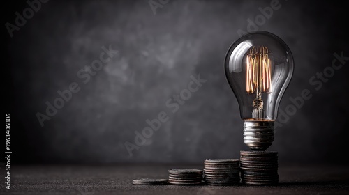 Illuminated incandescent bulb rests atop incrementally stacked metal currency against a dark backdrop