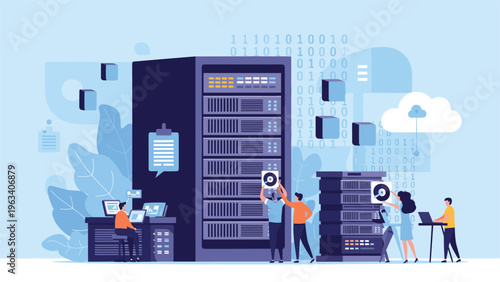 Data center professionals managing large server racks with cloud computing icons and binary code digital background.