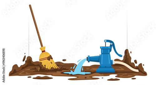A blue manual water pump discharges water into a mud puddle next to a broom on a white background.