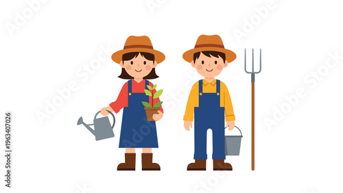 Friendly pair of gardeners wearing straw hats and blue overalls holding a watering can and a potted plant while standing with a pitchfork.