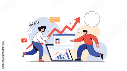 Ambitious business professionals collaborating on a laptop with a rising red arrow and growth charts to reach their important company goals.