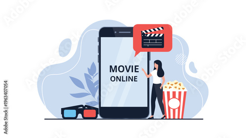 Online cinema concept featuring a woman standing next to a large smartphone with popcorn, glasses, and movie icons for a streaming service.