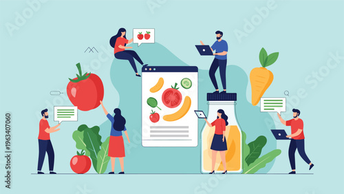 Healthy nutrition and balanced diet concept with tiny people exploring giant vegetables, fruits, and organic juice bottles for wellness.