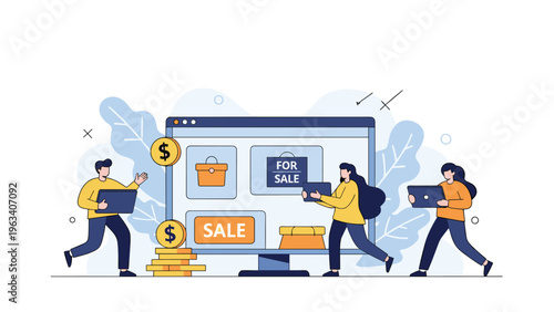 Busy online shopping scene with people carrying laptops and searching for products on a large monitor with sale and discount labels.