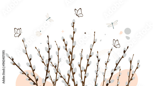 Elegant pussy willow branches with soft gray buds decorated with delicate butterflies and dragonflies flying among twinkling stars and spots.