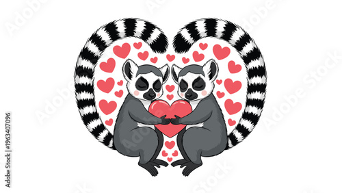 Two romantic ring tailed lemurs hugging a red heart with their tails curved to form a larger heart shape around them for Valentines Day.