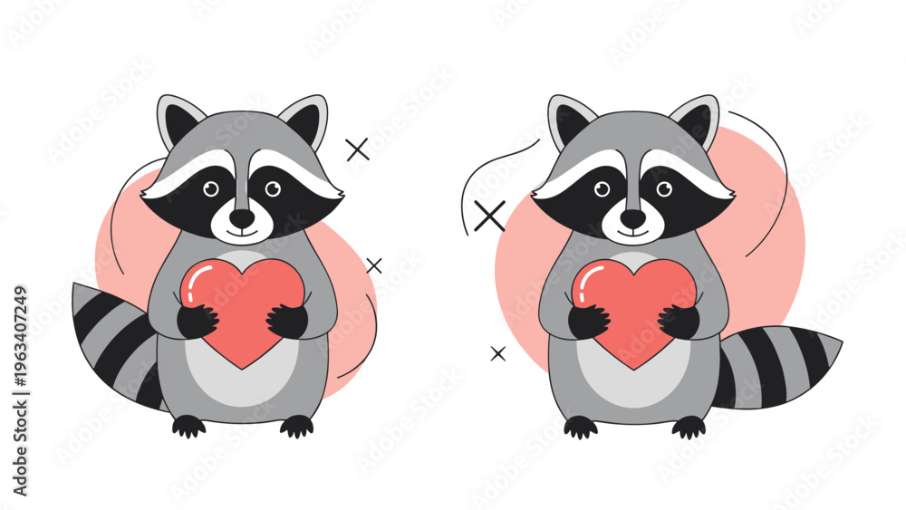 Fototapeta premium Two cute cartoon raccoons standing side by side while holding red hearts to express love and friendship for valentines day.