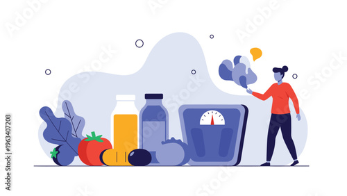 Healthy diet and weight control concept featuring a young woman choosing fresh vegetables, fruits, and organic drinks next to a bathroom scale.