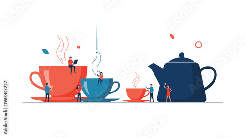 Tiny people taking a break around giant colorful tea cups and a large teapot to illustrate social interaction or work pause.
