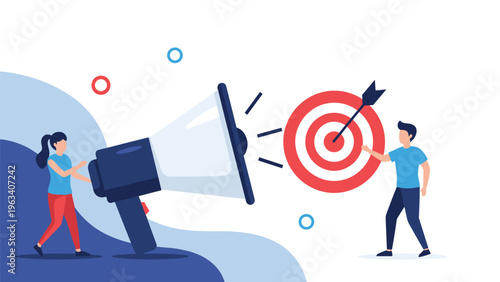 Marketing and advertising strategy showing a man and woman aiming a giant megaphone at a target with an arrow.
