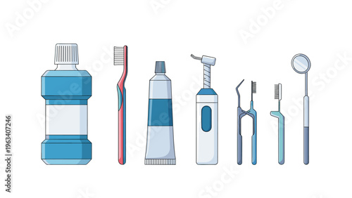 Essential dental hygiene and professional tools including mouthwash toothbrush toothpaste and dentist examination equipment.