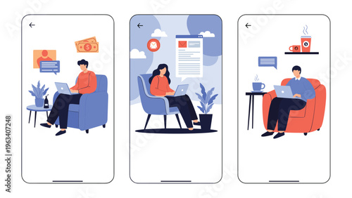 Mobile app interface designs showing characters working comfortably from home in armchairs with laptops and coffee.