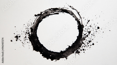 Abstract black ink circle with splatters on white background, resembling Zen Enso symbol, conveying simplicity and balance.