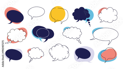 Large collection of diverse colorful blank speech bubbles and thought clouds for communication and dialogue design.