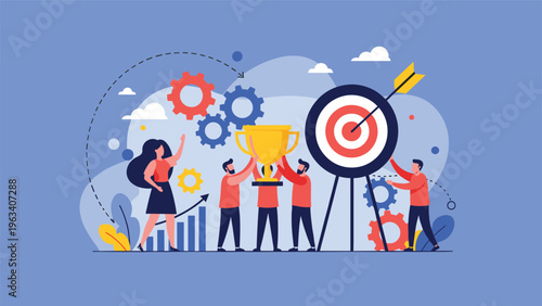 Successful team celebrating business achievements with a large golden trophy target and moving gears illustration.