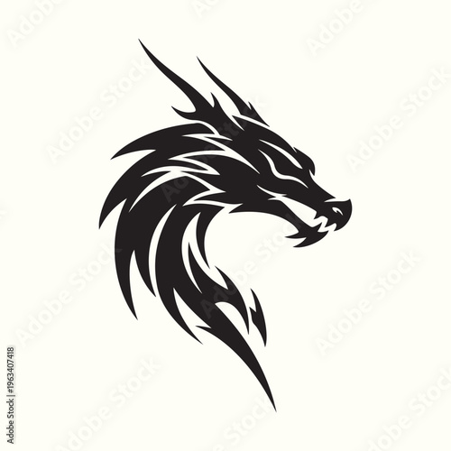 A striking black tribal style dragon head illustration against a plain off white background high quality