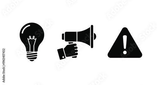 Black icons depicting an idea communication and an alert symbol