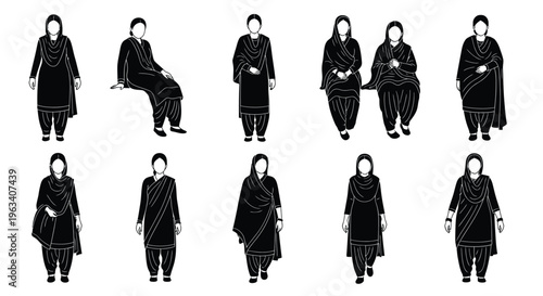 Silhouettes of women in traditional punjabi attire depicted in various poses