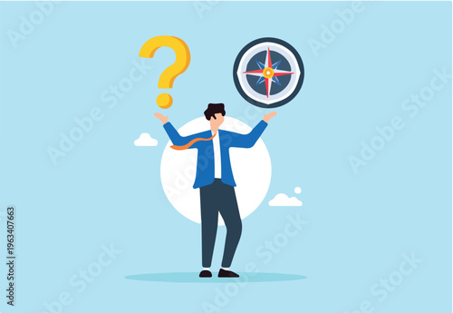 Flat illustration of businessman with question mark and compass symbolizing guidance and open ended question for solution
