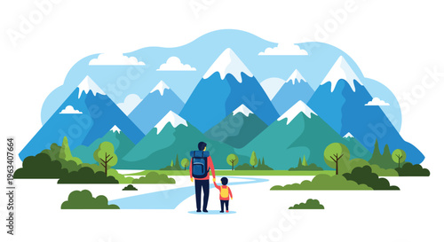 An illustrated father and son with backpacks walk on a blue path towards snow-capped mountains and green trees under a cloudy sky.