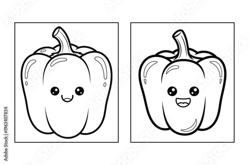 Two adorable cartoon bell peppers with smiling faces are displayed in separate square frames high quality